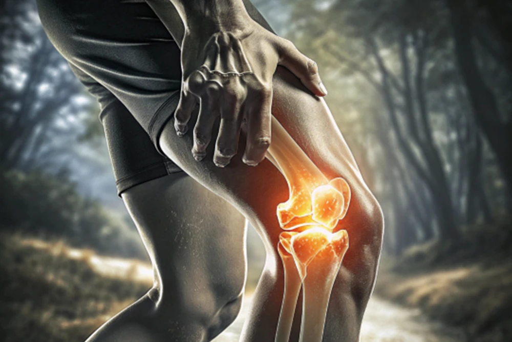 Illustration of dislocated knee injury showing joint damage and pain area requiring orthopedic treatment.